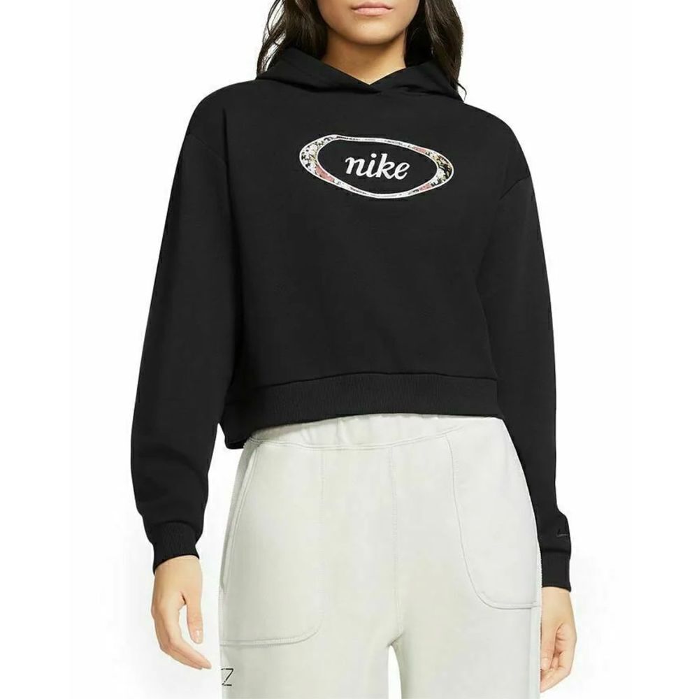 Nike Women's Black Floral Print Crop Pullover Hoodie